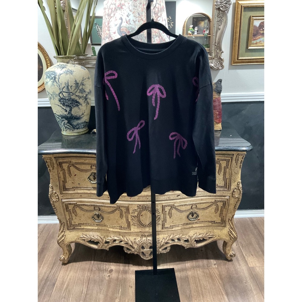 Paper Temples Oversized Black Cotton Sweatshirt Purple Bow Graphic O/S